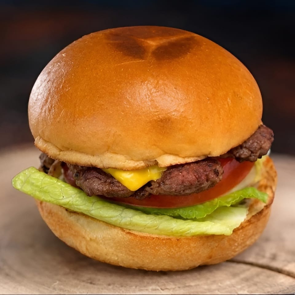 A classic cheeseburger with lettuce, tomato, and a beef patty on a toasted bun.