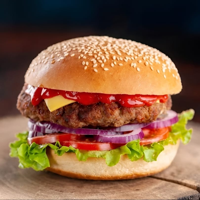 A juicy beef burger with cheese, ketchup, red onion, tomato, and lettuce on a sesame seed bun.