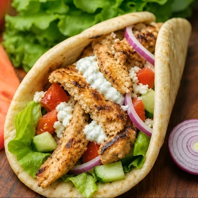 Grilled chicken gyro with lettuce, tomatoes, cucumbers, red onions, and feta cheese on pita bread.